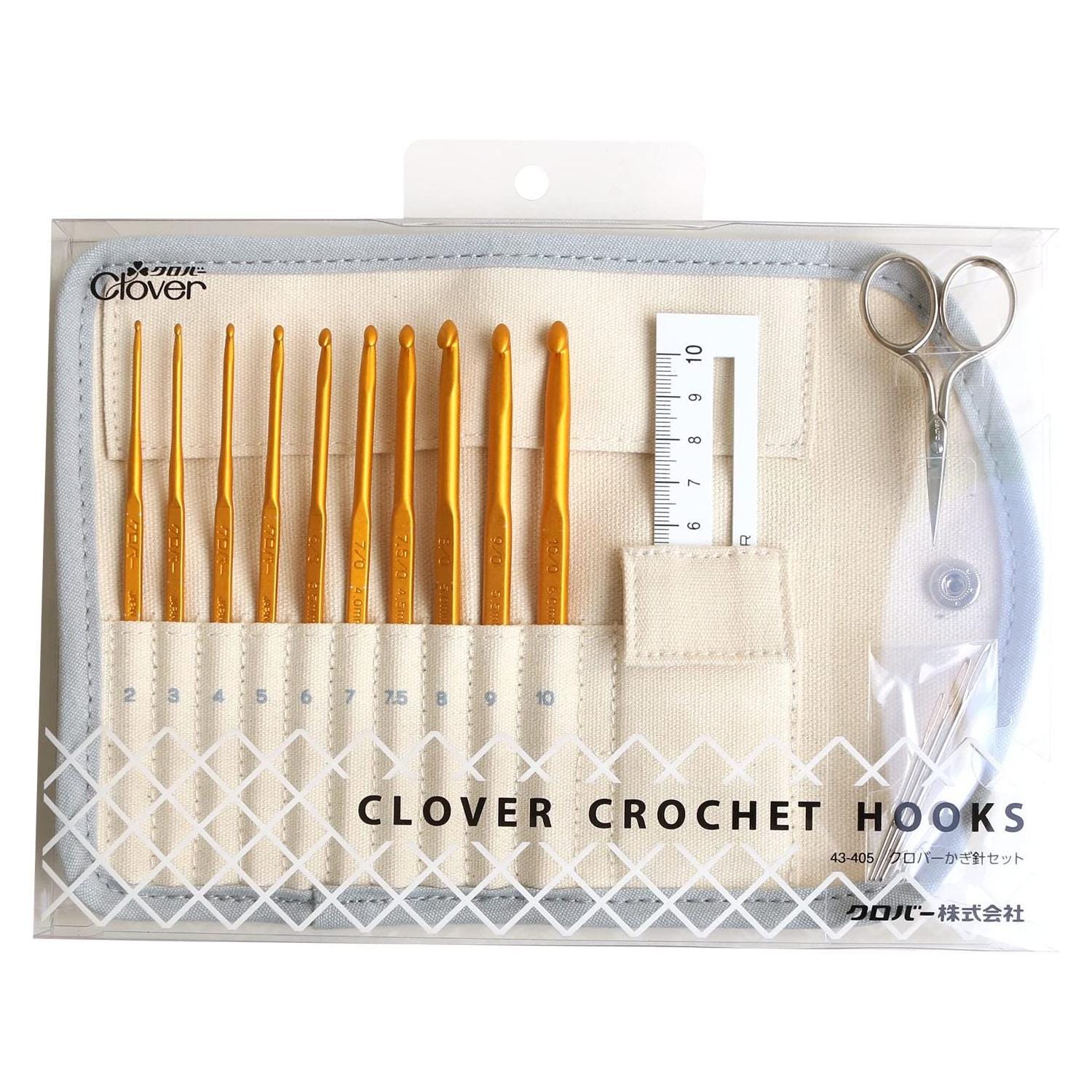 A package containing a set of crochet hooks and a ruler, with the brand name 'Clover' printed on the packaging.