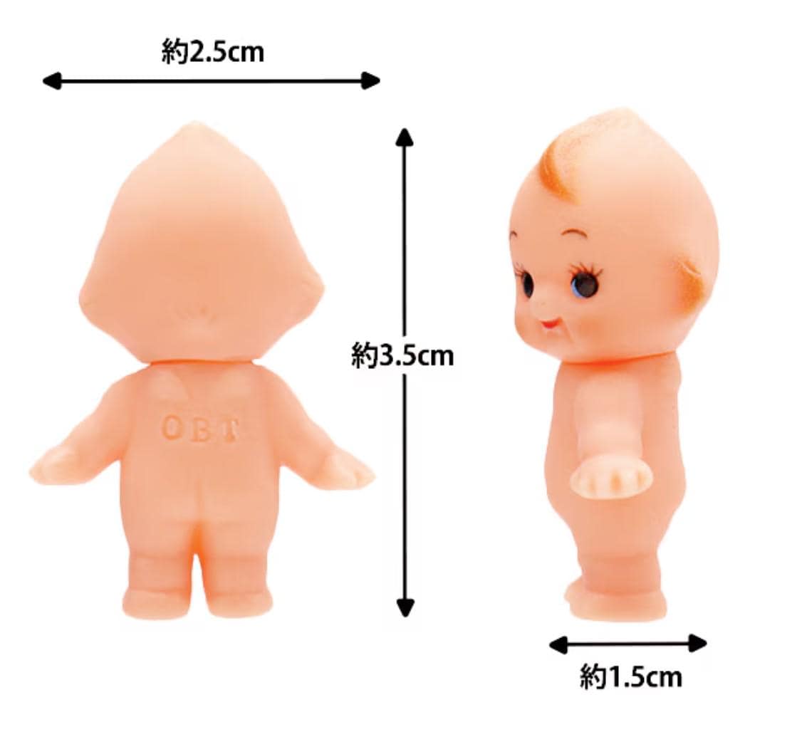 two small, peach-colored plastic dolls with the text "OBT" on their backs. The dolls are shown from both the front and the back, with their sizes indicated by the text "93.5 cm" and "91.5 cm" respectively.