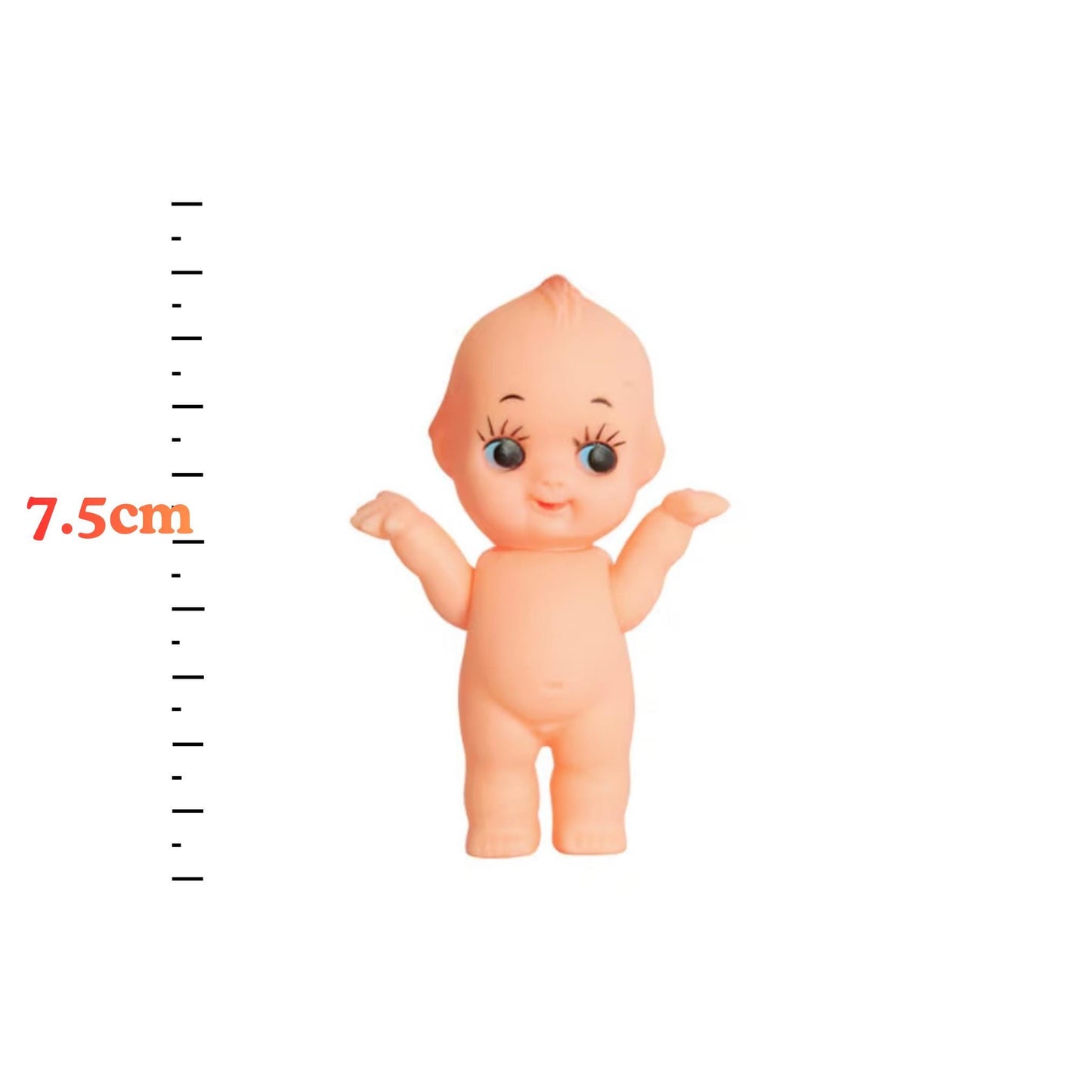A small toy doll with a smiling expression, standing upright and appearing to be made of plastic.