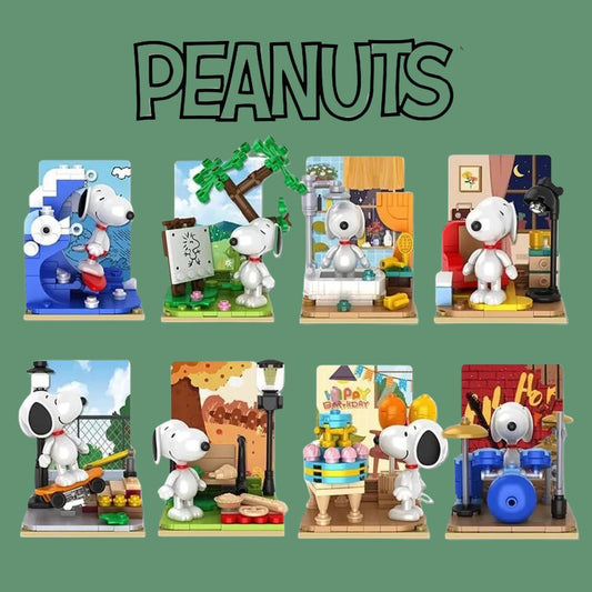 The image is a collage of nine different scenes featuring the character Snoopy from the Peanuts comic strip, each depicting a unique moment or activity.