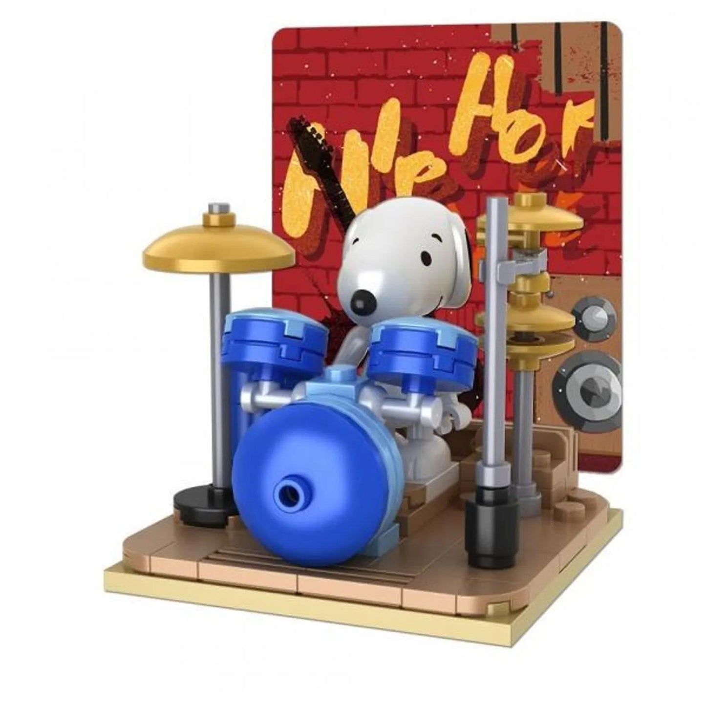 A toy set depicting a cartoon dog playing the drums, with a brick wall and graffiti-style text in the background.
