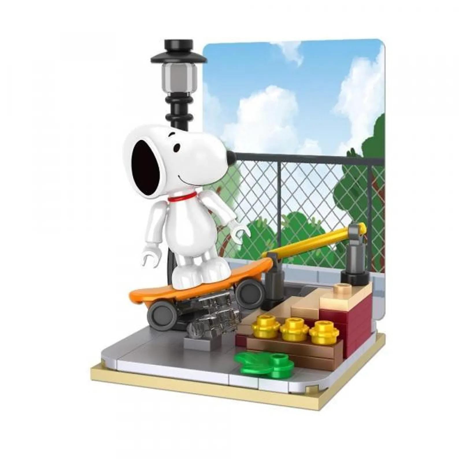 A white cartoon character resembling a dog is riding a skateboard on a platform, with a lamp post and a fence in the background.