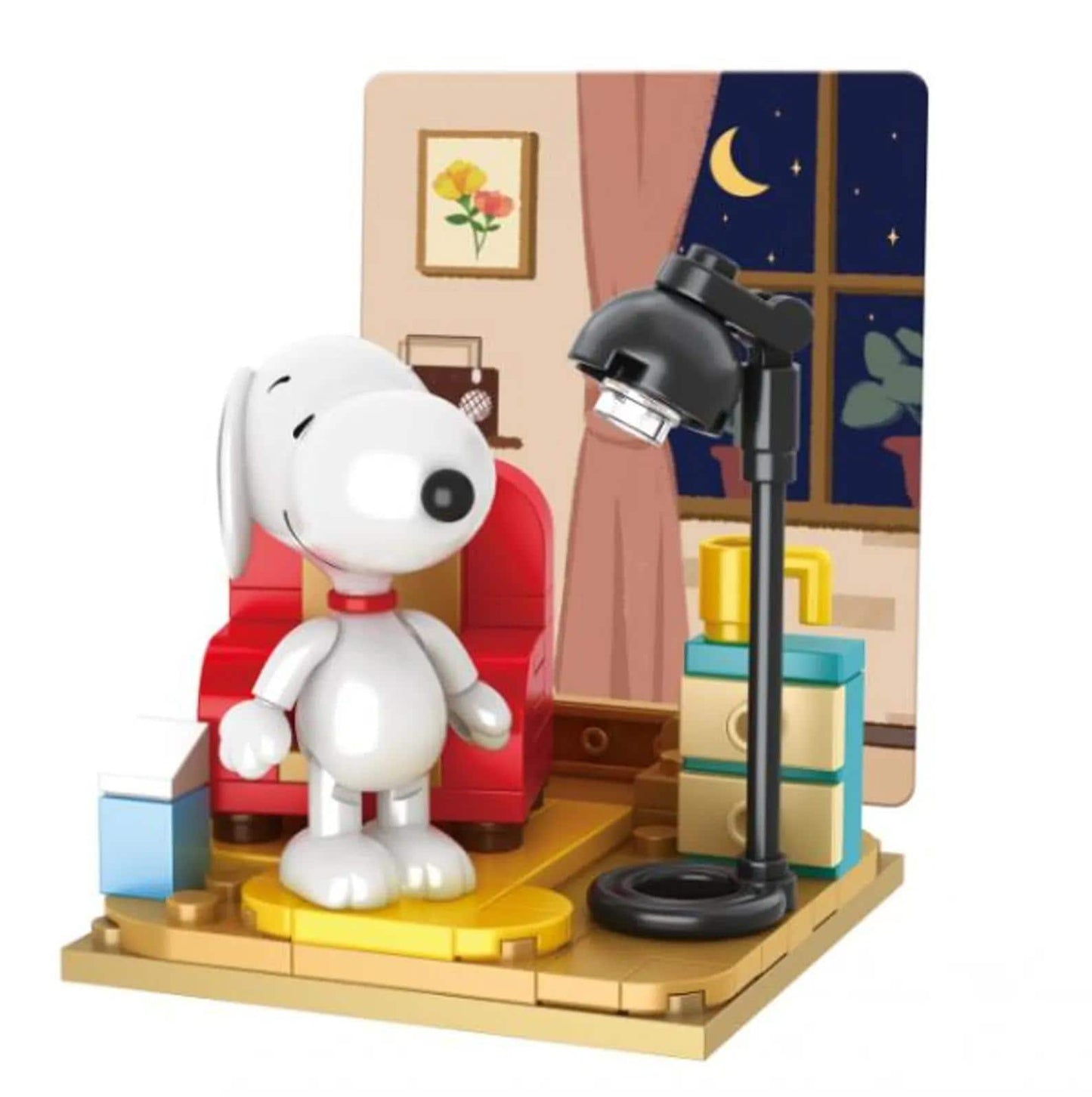 A toy figure of a white dog standing on a yellow platform, with a lamp and other objects in the background, including a window and a night scene.