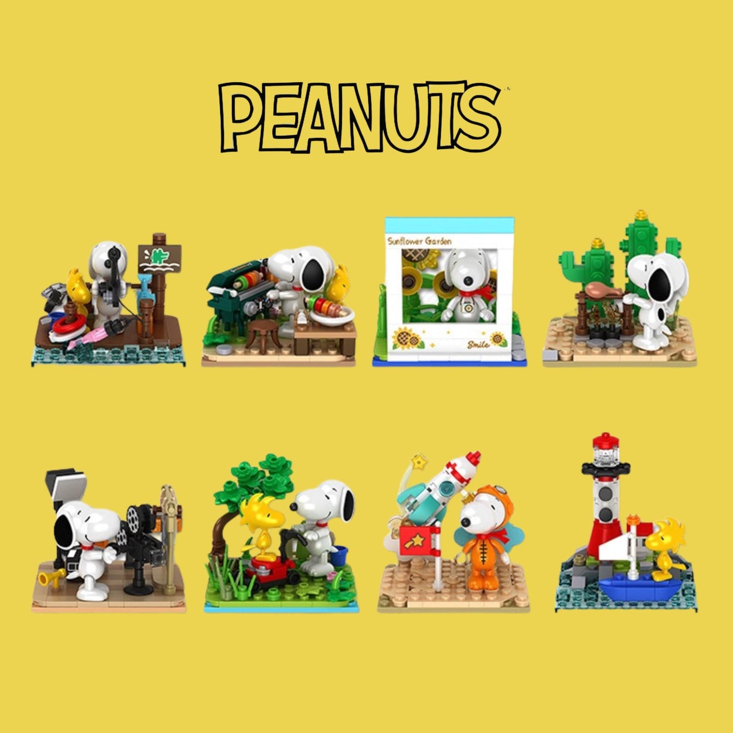 The image is a collage of various Peanuts-themed Lego sets, each featuring different scenes and characters from the Peanuts comic strip.