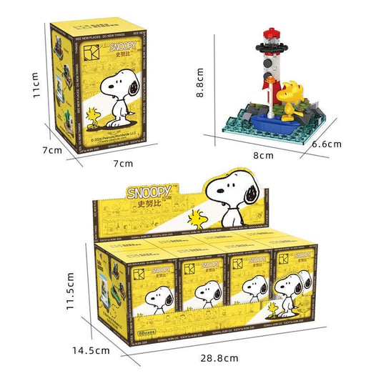 three different images related to the character Snoopy from the Peanuts comic strip. The images include a box, a model of Snoopy, and a smaller model of a lighthouse. The box is yellow and has a picture of Snoopy on it. The model of Snoopy is a small toy, and the model of the lighthouse is a miniature version. The images are labeled with their respective sizes and dimensions, which are given in centimeters.