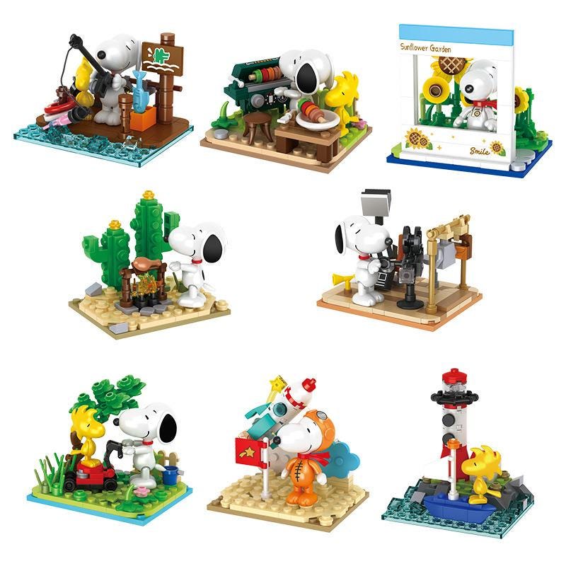 a collection of seven different scenes featuring various characters from the Peanuts comic strip, including Snoopy, Woodstock, and their friends.