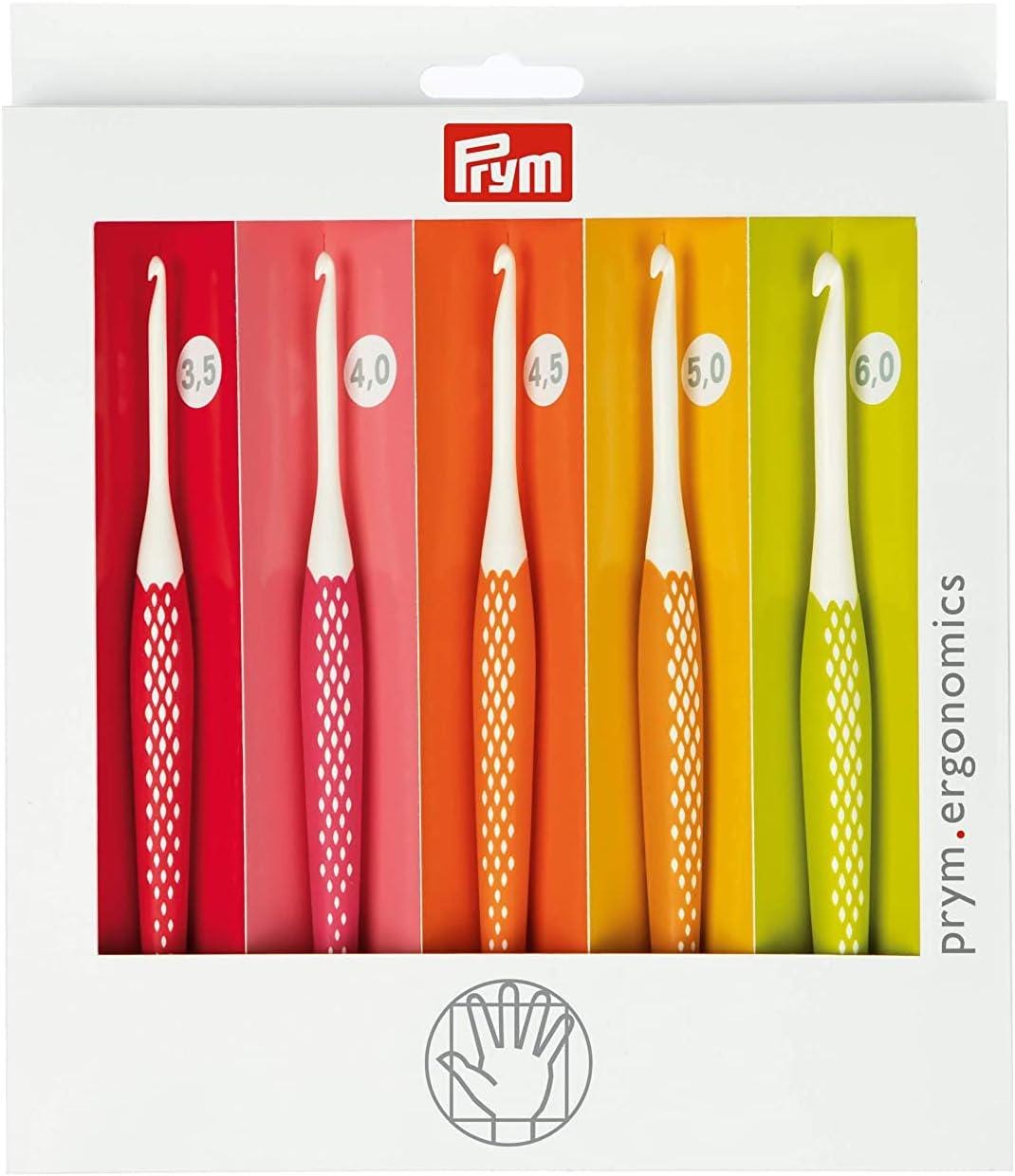 A set of five crochet hooks in various colors, including red, pink, orange, yellow, and green, arranged in a row.