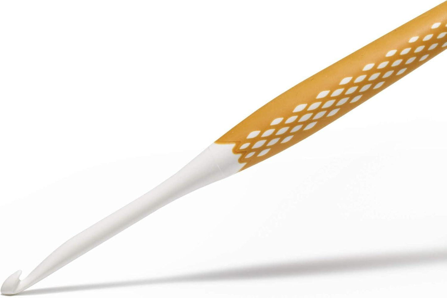 A crochet hook with a white and orange color scheme is shown against a white background.