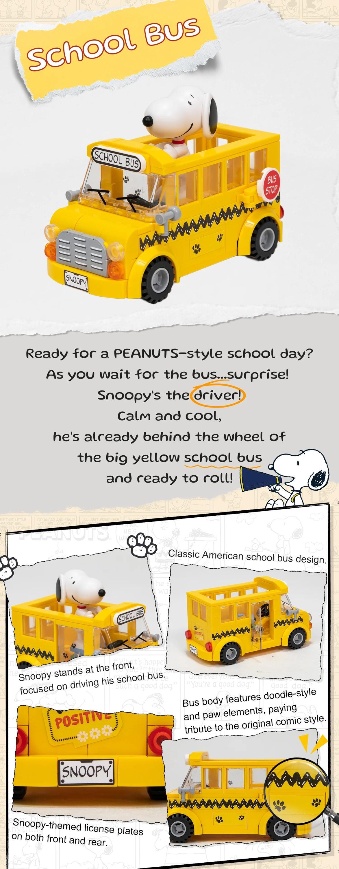 The image is a collage featuring a yellow Peanuts-style school bus with Snoopy, the beloved Peanuts character, prominently displayed. The bus is designed with classic American style and features a Peanuts-themed license plate. The collage showcases Snoopy's role as the driver of the school bus, with the bus's body and design reflecting the iconic Peanuts comic style.