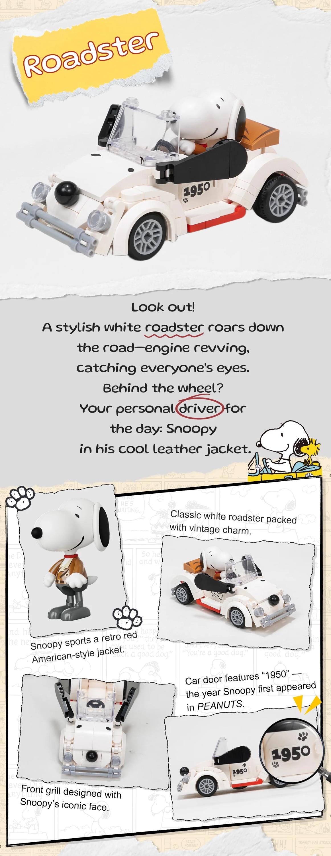 The image is a collage featuring a classic white roadster with a vintage charm, including a Peanuts-inspired car door feature, a Peanuts-inspired car door, and a Peanuts-inspired car door. The image also includes a Peanuts-inspired Peanuts-style roadster and a Peanuts-inspired Peanuts-style roadster. The image showcases the stylish design of the Peanuts-inspired roadster and its unique features.