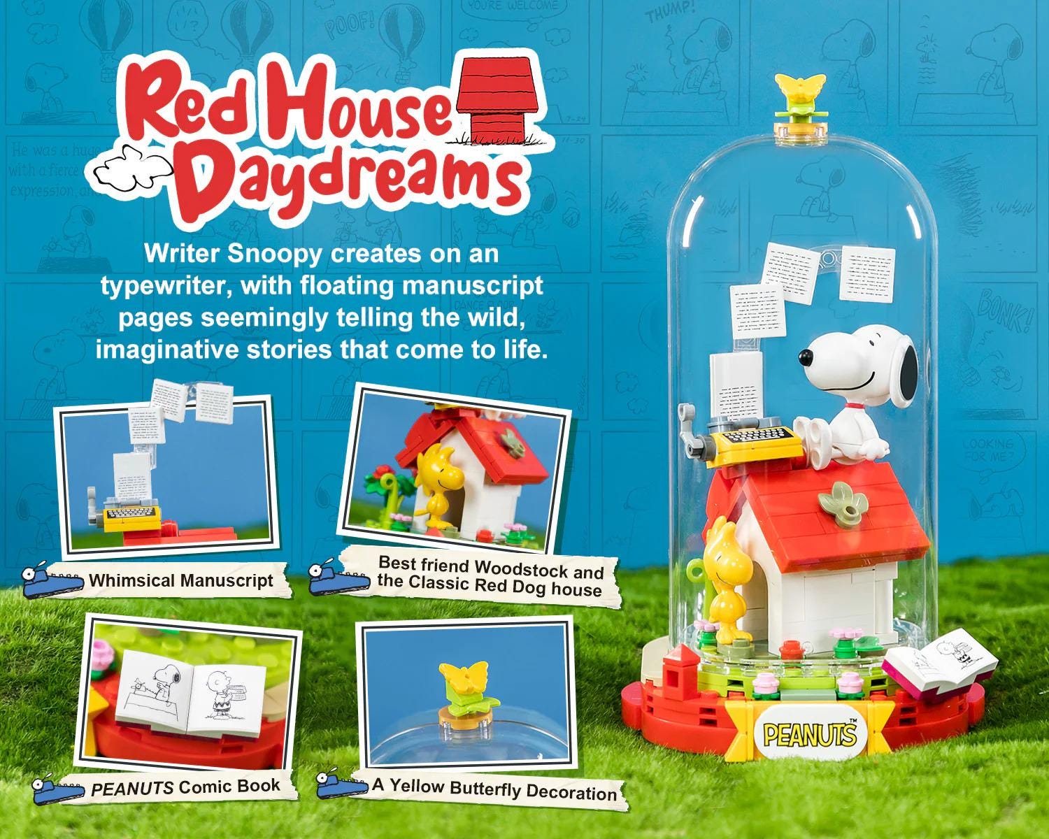 The image is a collage featuring various scenes from the Peanuts comic book series, including a Peanuts typewriter with floating pages, a Peanuts dog house, and a Peanuts butterfly decoration.