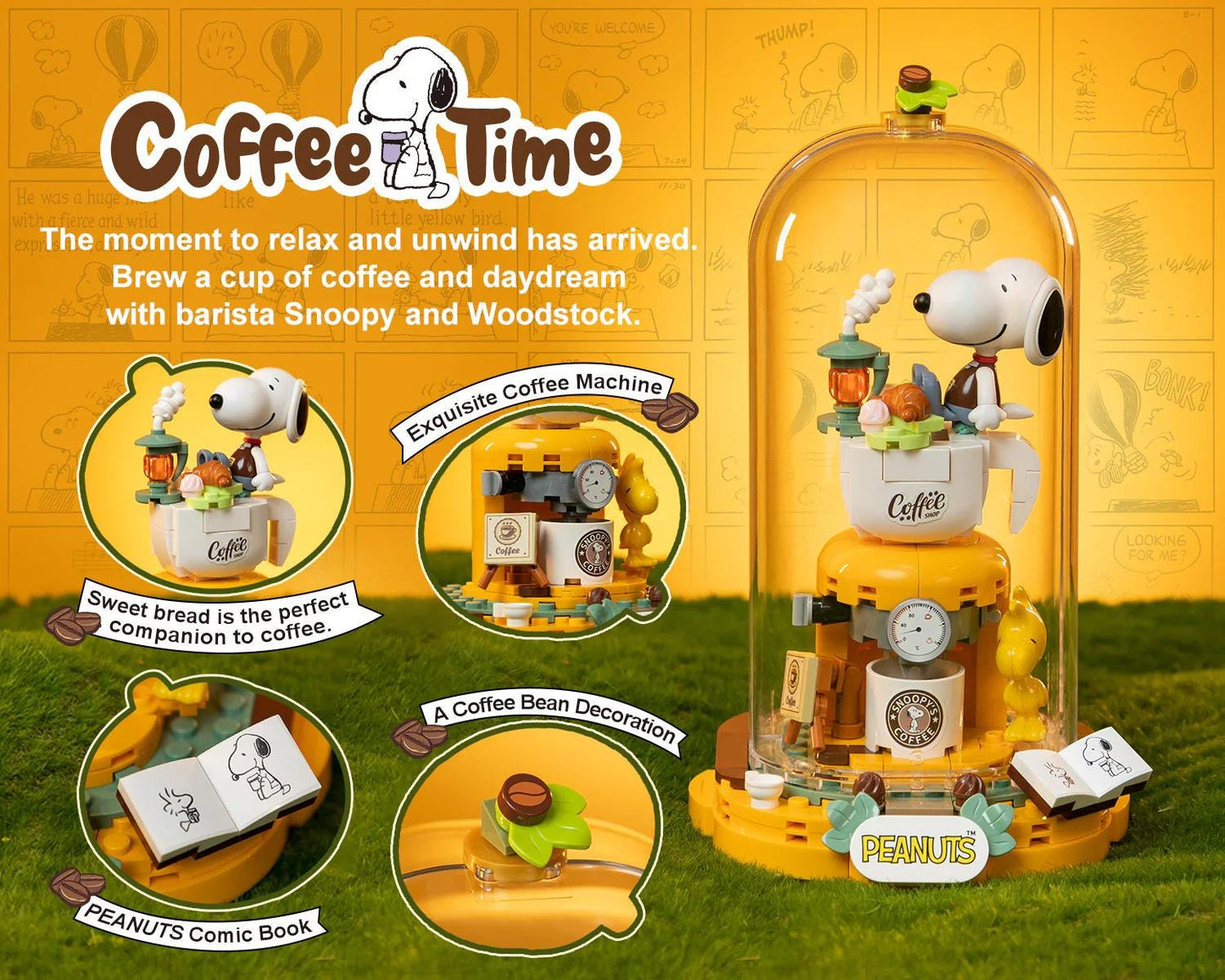 The image is a collage featuring a Peanuts themed coffee-themed toy, including a Peanuts comic book, a Peanuts coffee machine, and a Peanuts coffee cup.