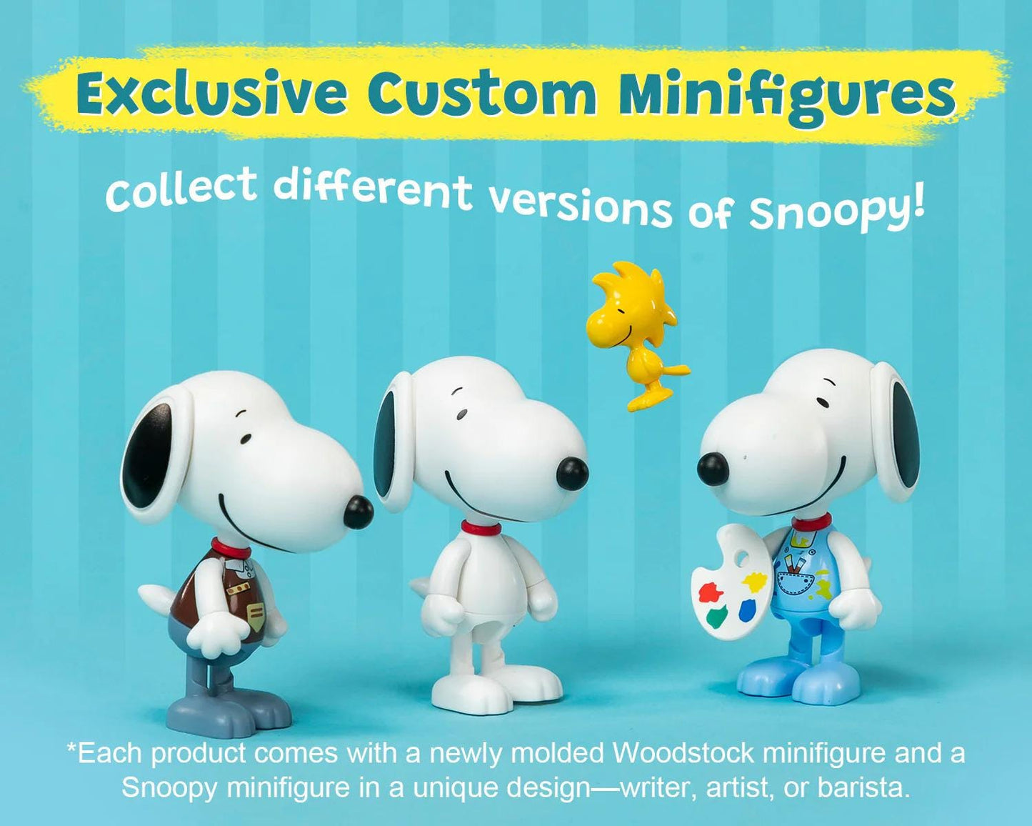 three custom-made Woodstock minifigures, each with a unique design and a different version of the character.