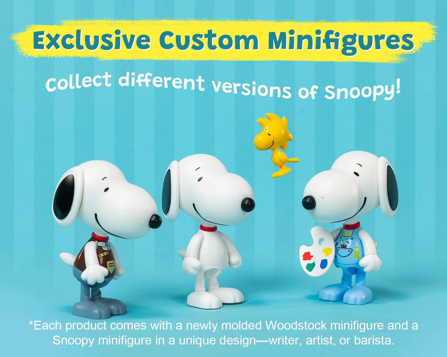 three custom-made Woodstock minifigures, each with a unique design and a different version of the character.