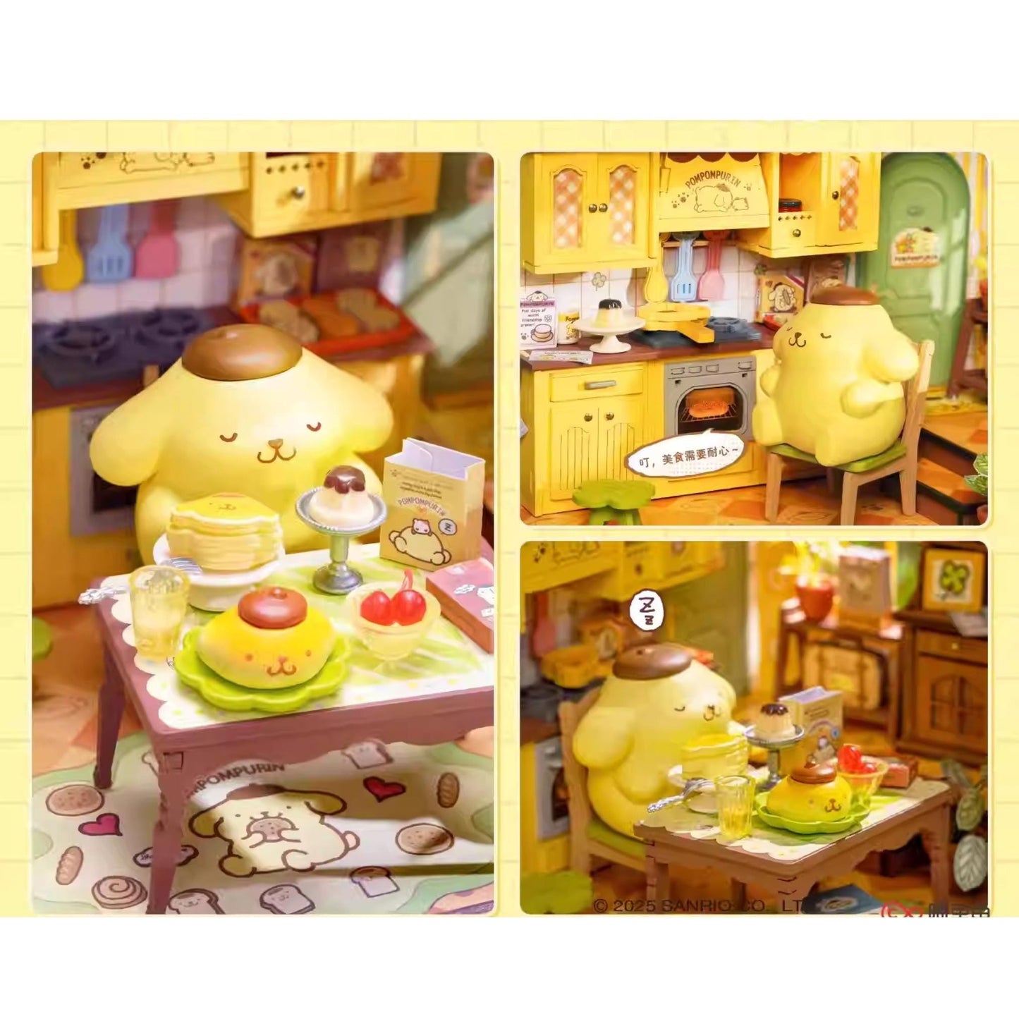 The image is a collage of three photos featuring a yellow dog figurine in various kitchen settings, including a dining table with food items and a kitchen scene.