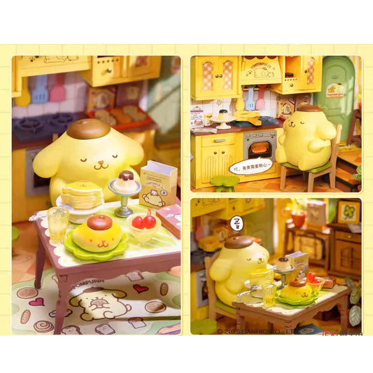 The image is a collage of three photos featuring a yellow dog figurine in various kitchen settings, including a dining table with food items and a kitchen scene.