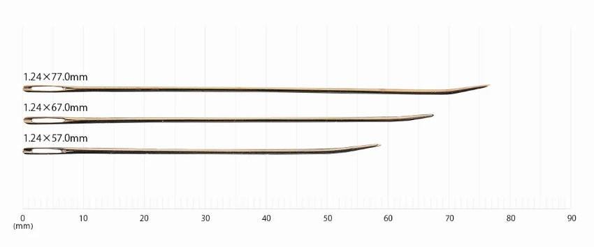 three different sizes of sewing needles arranged in a line, with the largest needle at the top and the smallest at the bottom.