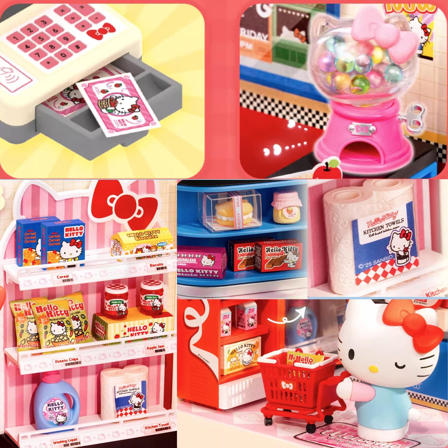 a collage of pictures of a hello kitty toy store