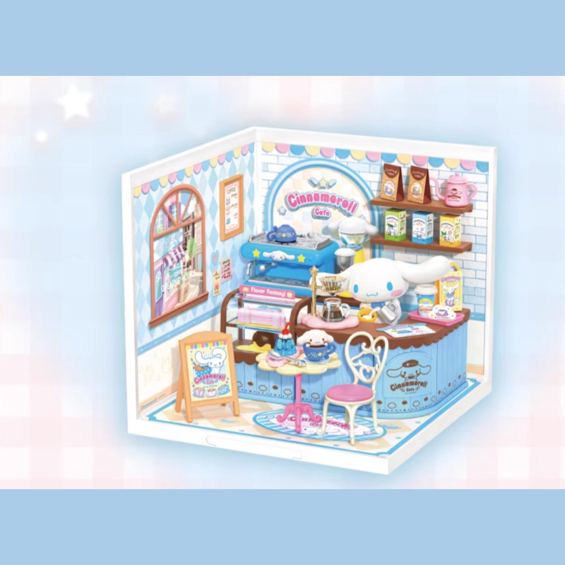 A colorful and whimsical miniature toy shop, featuring a variety of toys and decorations.