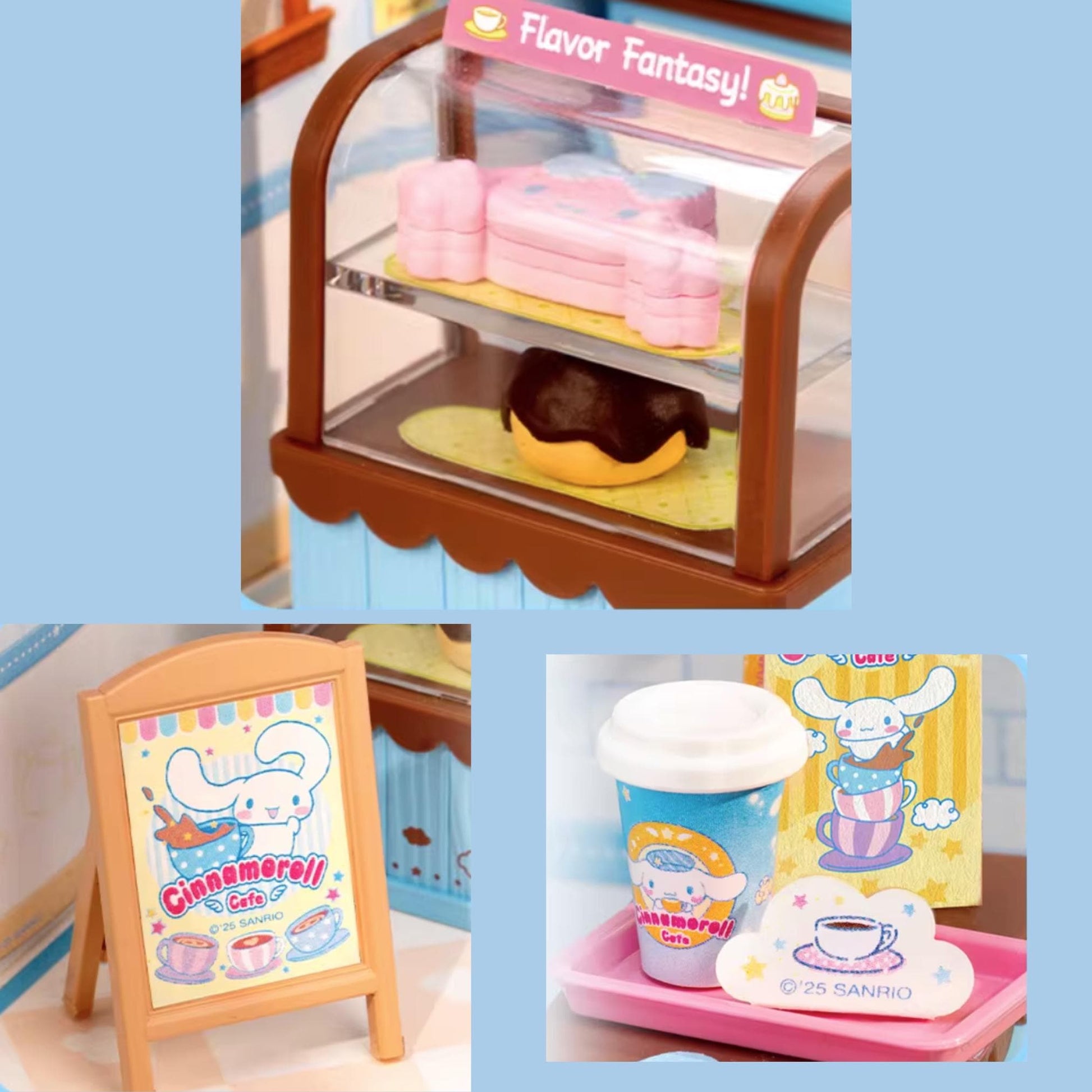 The image is a collage of three photos featuring a toy cafe with various items, including a cup, a cake, and a sign.