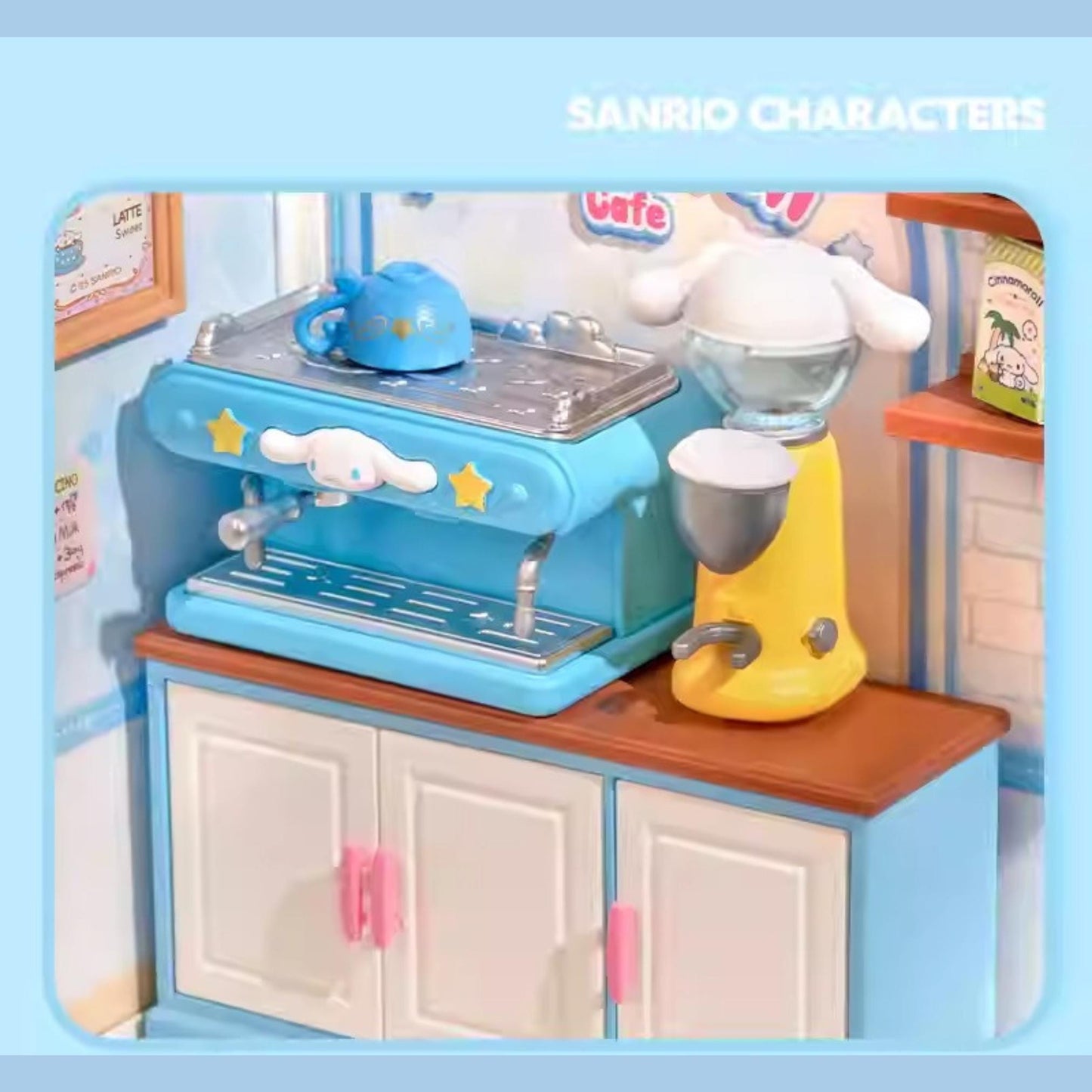 A toy kitchen set with a blue coffee machine, a yellow coffee machine, and a toy character resembling Sanrio from the animated series "Cute Cute".