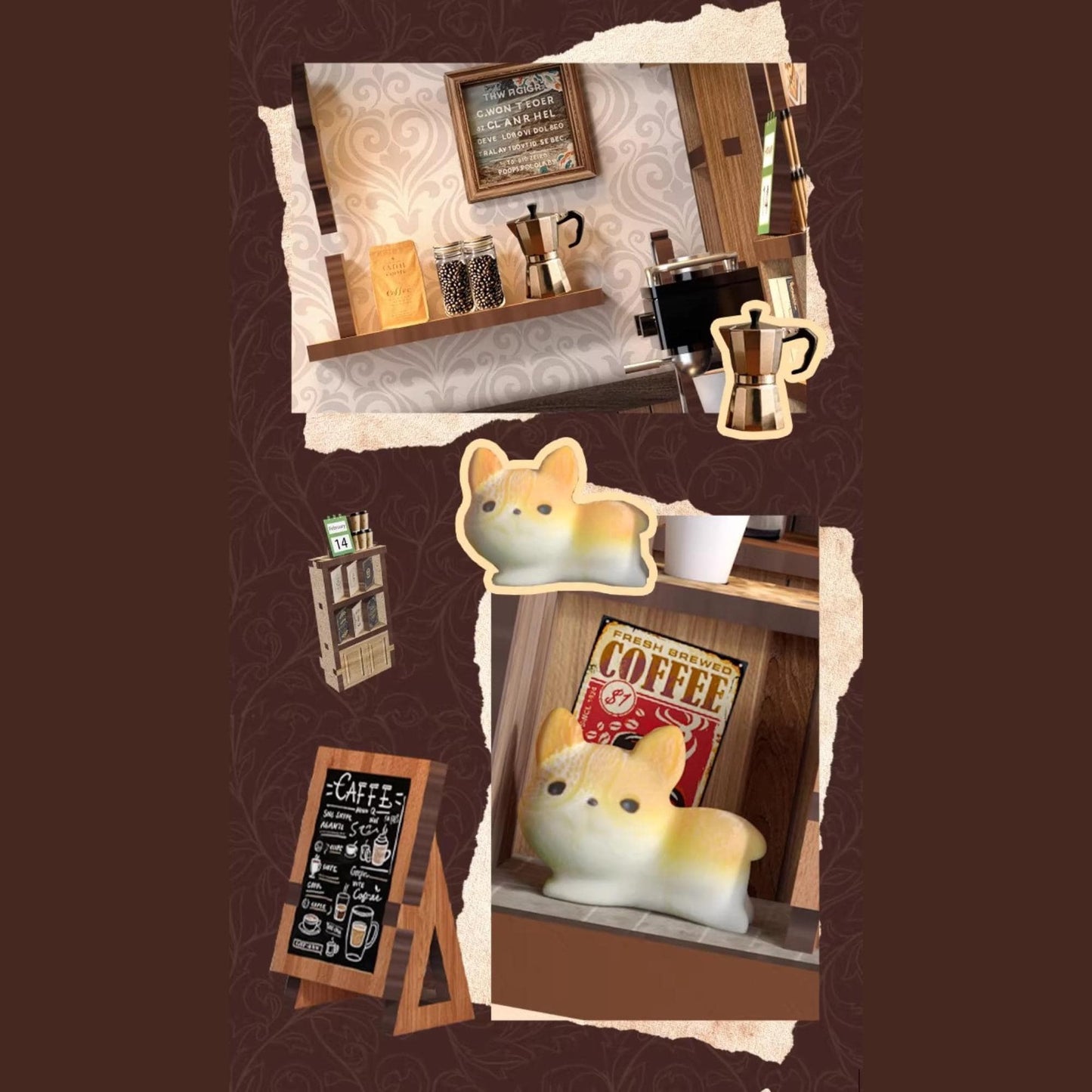 The image is a collage of various coffee-related items, including a coffee machine, a cat figurine, a chalkboard sign, and a ceramic mug.