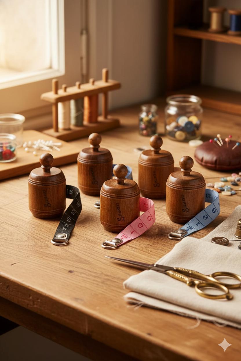 a wooden table with various sewing and crafting supplies, including wooden containers, scissors, and measuring tape.
