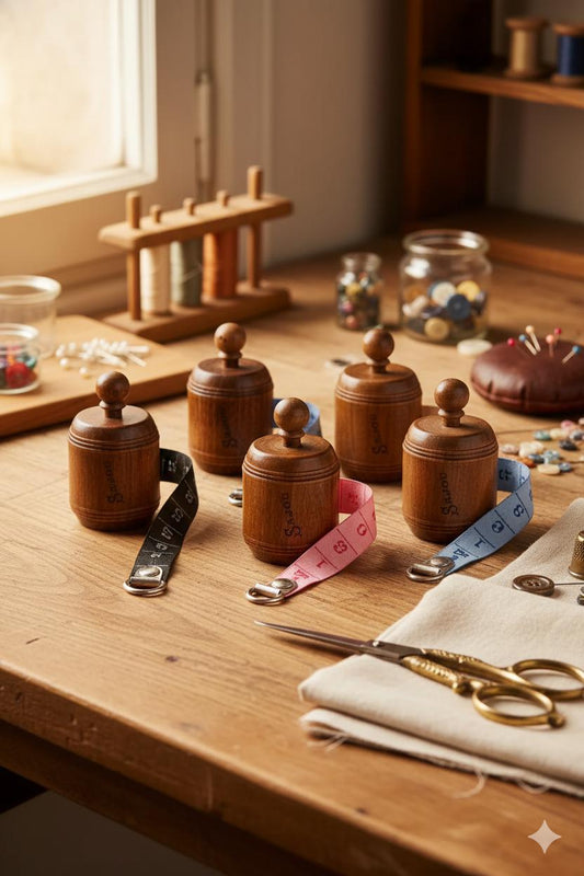 a wooden table with various sewing and crafting supplies, including wooden containers, scissors, and measuring tape.
