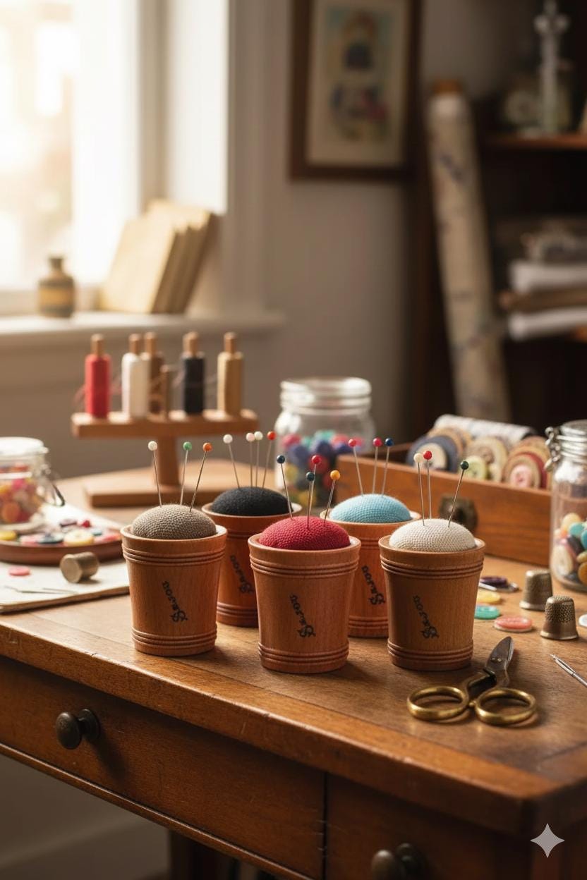 A wooden table with various sewing supplies, including wooden cups or vases with colorful pins or needles sticking out, and a pair of scissors.