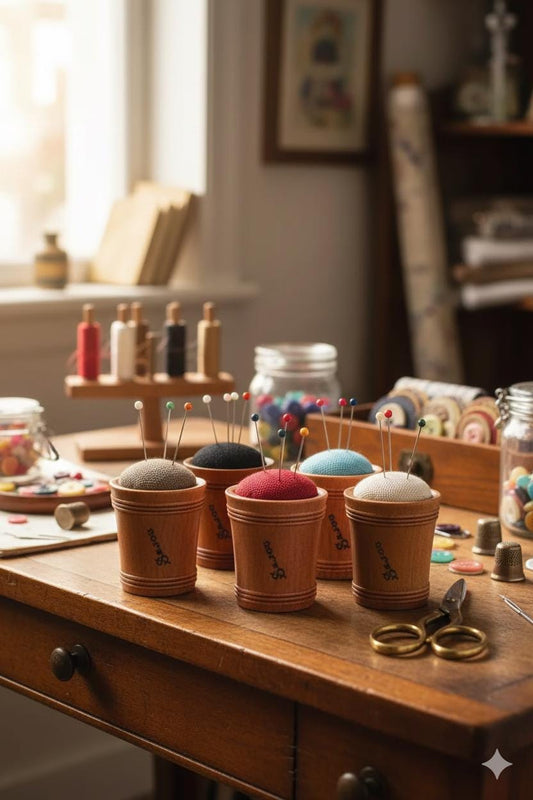 A wooden table with various sewing supplies, including wooden cups or vases with colorful pins or needles sticking out, and a pair of scissors.