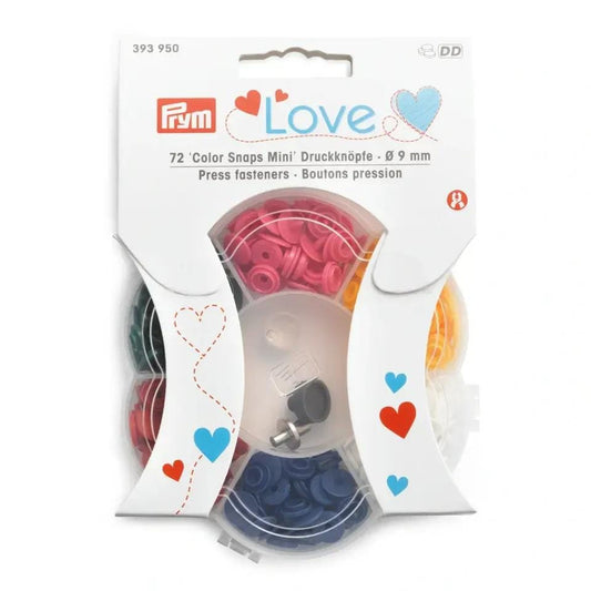 a package of Prym brand 72-Color Snaps Mini Druckknopf, which are small plastic buttons in various colors.