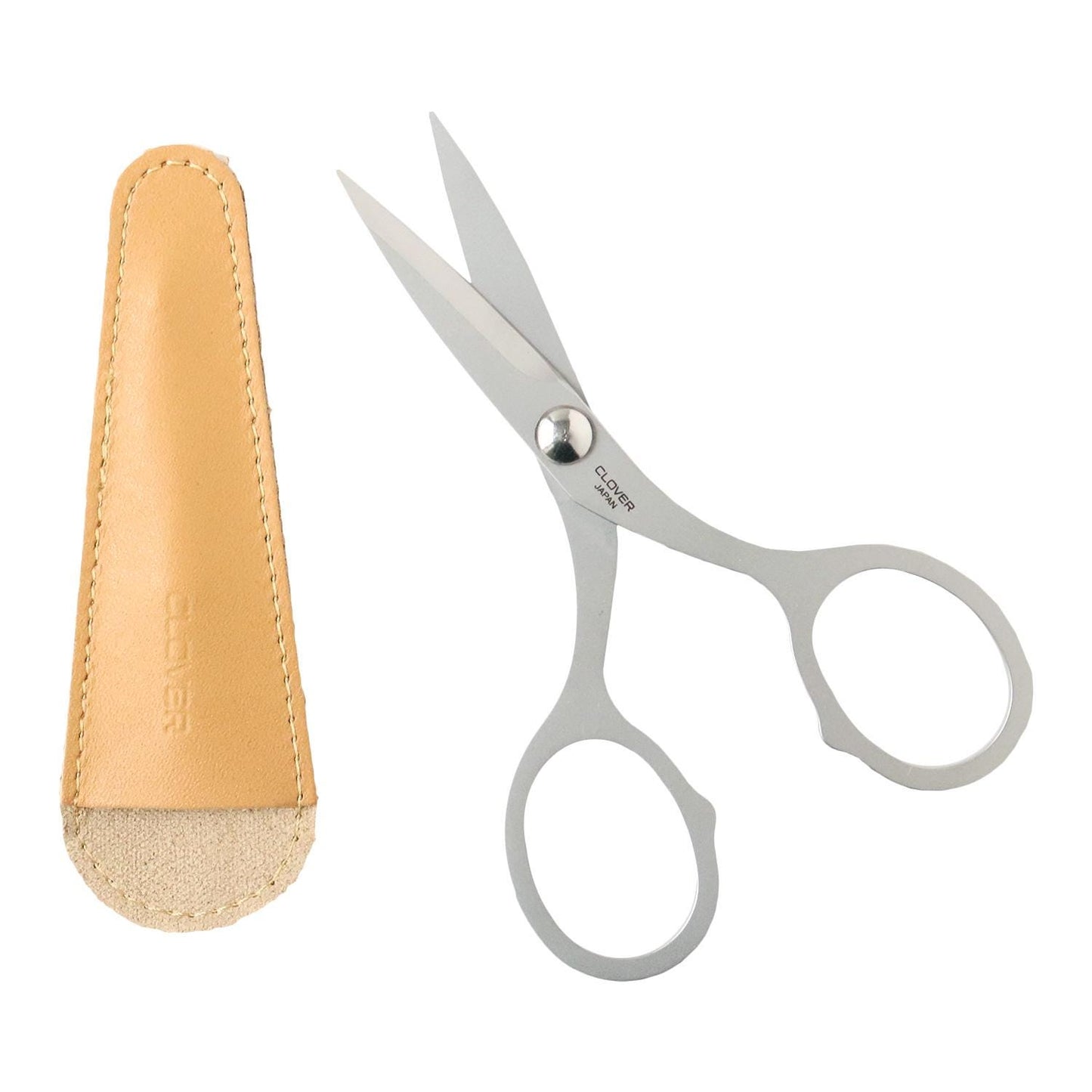 A pair of silver scissors and a tan leather case are shown against a white background.