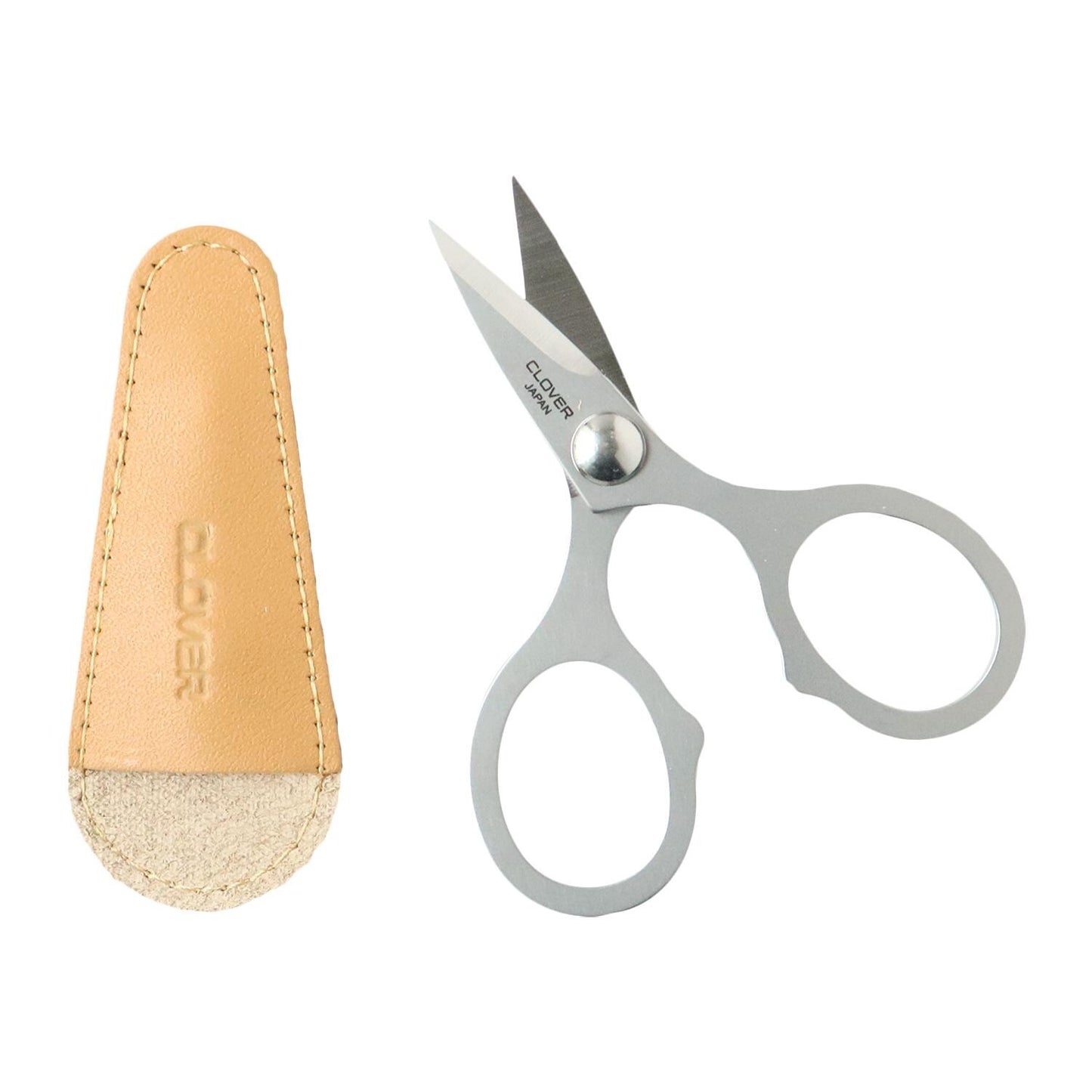 a pair of silver scissors and a leather case with a beige lining, both placed against a white background.