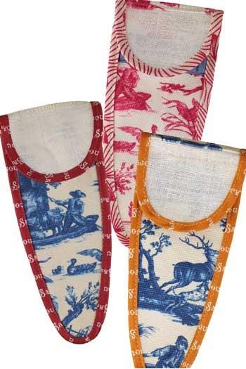 three fabric items with different patterns and colors, including a red and white patterned fabric, a white and red patterned fabric, and an orange and blue patterned fabric.
