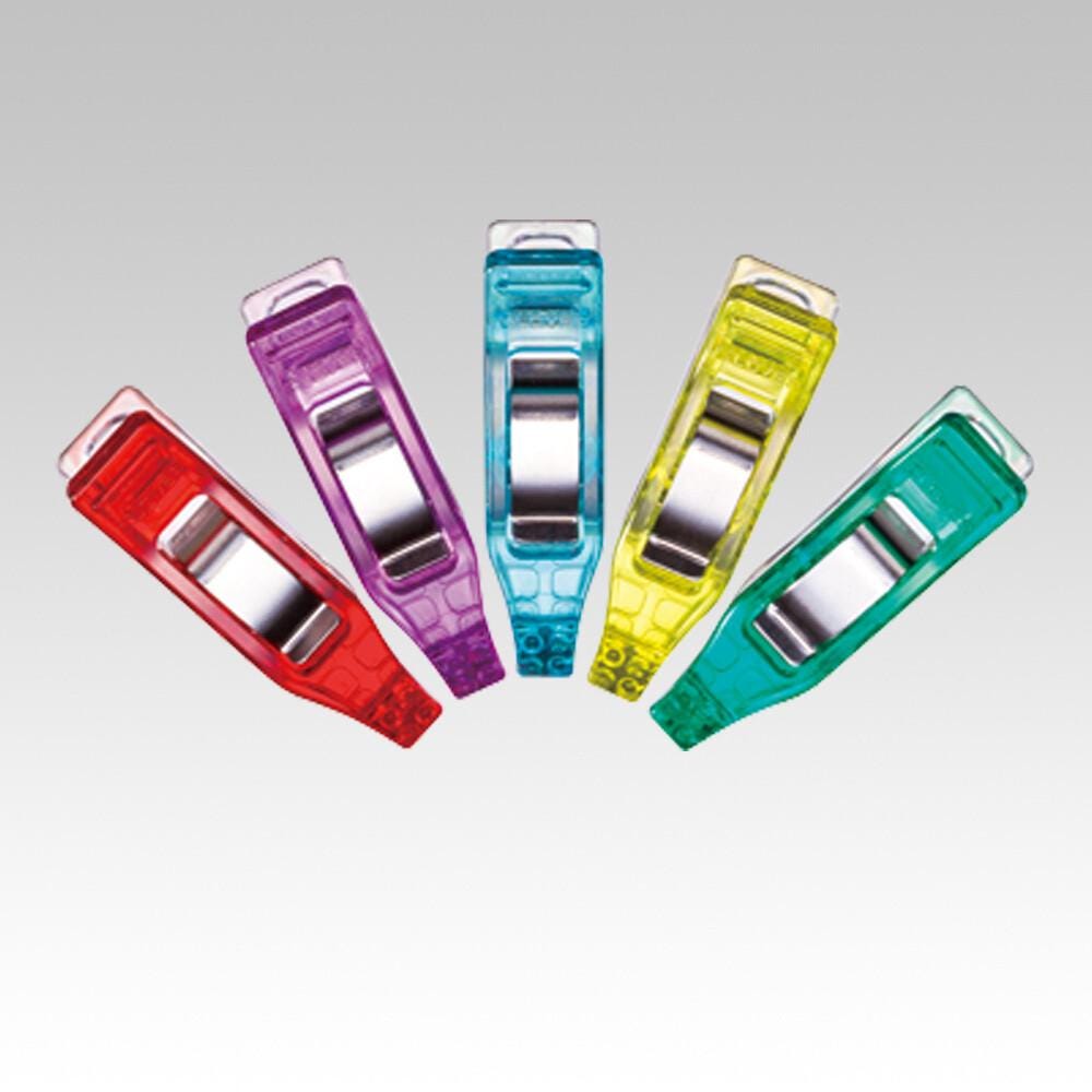 five colorful plastic clips arranged in a fan-like formation against a gray background.