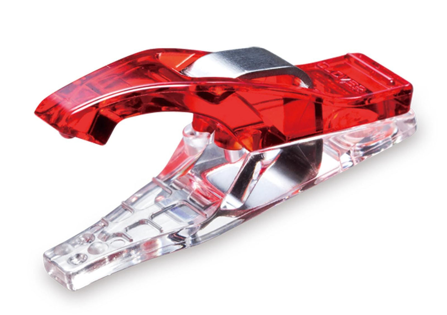 A red plastic tool with a clear plastic component attached to it.