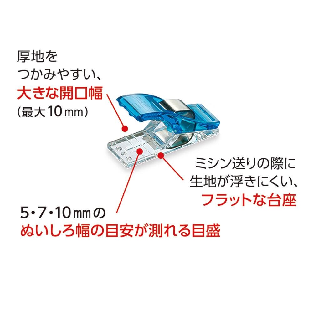 a blue and clear plastic clip with a red dot on it, along with some text in Japanese.