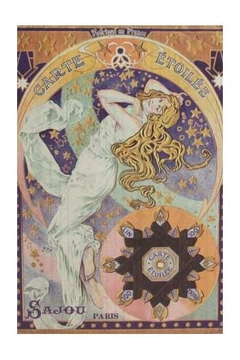 The image is a colorful and ornate poster featuring a woman with flowing hair and a decorative background with stars and a crescent moon.