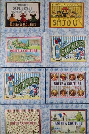 a collection of vintage-style labels and advertisements for "Boutique" clothing and accessories, featuring illustrations of people and various fashion elements.