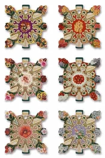 six different floral designs, each with a unique arrangement of flowers and decorative elements. The designs are arranged in a grid format, with two rows and three columns.