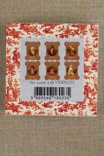 The image is a square-shaped card with a red and white floral pattern. It features six small images arranged in two rows of three, each image depicting a different person. The card also includes a barcode and some text, but the specific content of the text is not clearly visible.