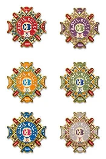 six distinct badges or labels, each featuring the letters "Crestin-Blet" prominently displayed. The badges are arranged in a grid format, with three badges in each row and two badges in each column. The badges are designed in a circular shape, with the letters "Crestin-Blet" encircling the center.