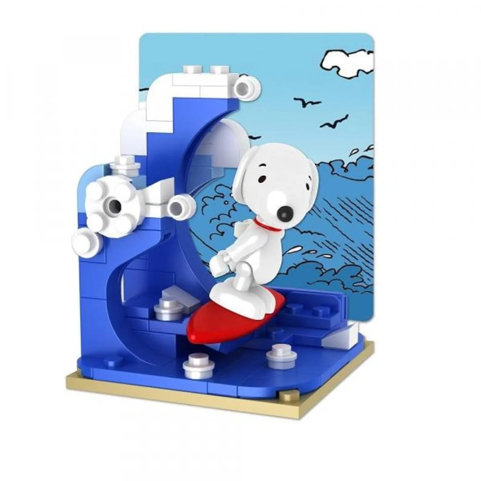 A LEGO figure of Snoopy riding a surfboard, with a blue wave and birds in the background.