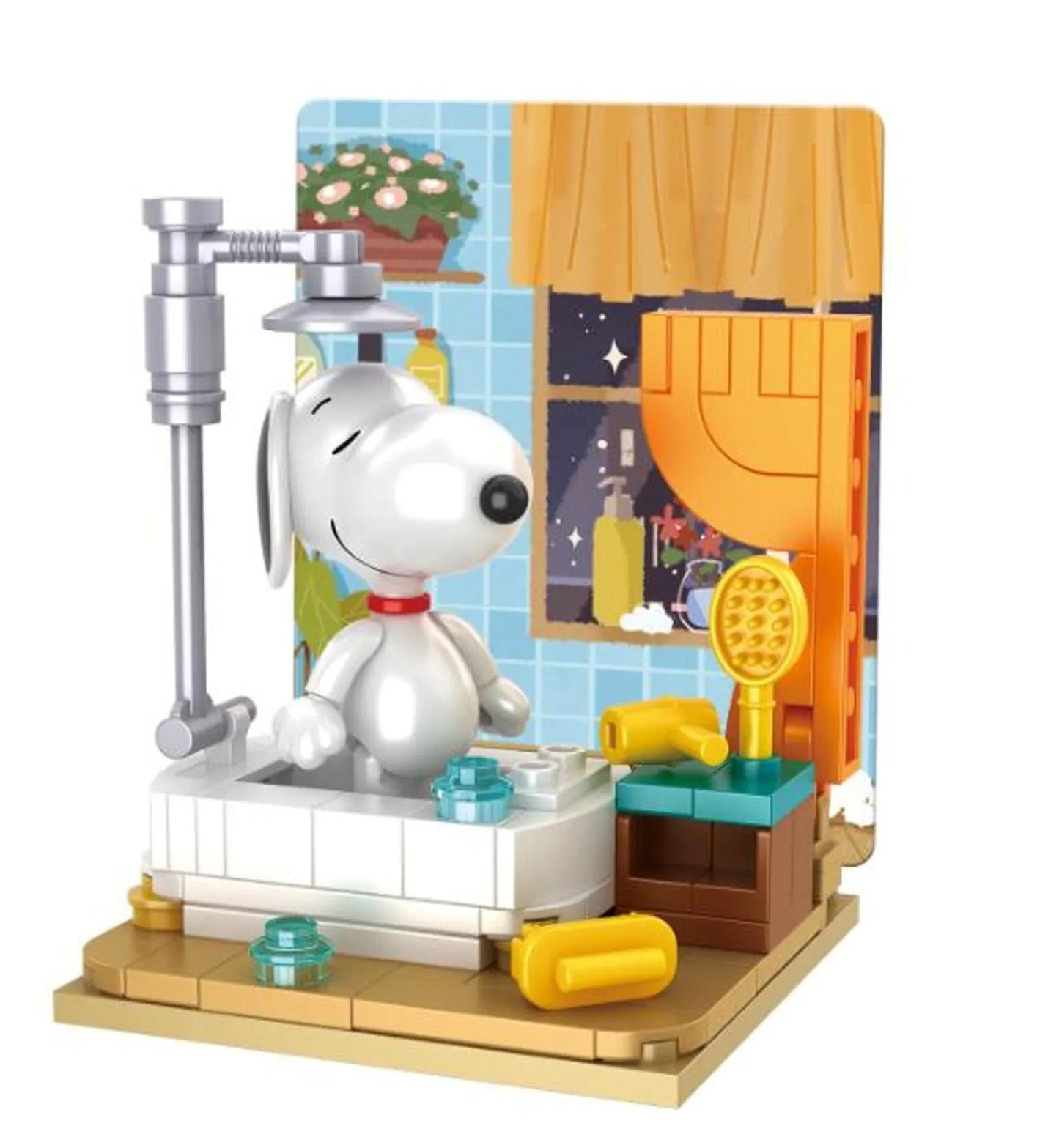A toy set depicting a white dog sitting in a bathtub, surrounded by various bathroom items such as a shower head, a hairdryer, and a toothbrush.