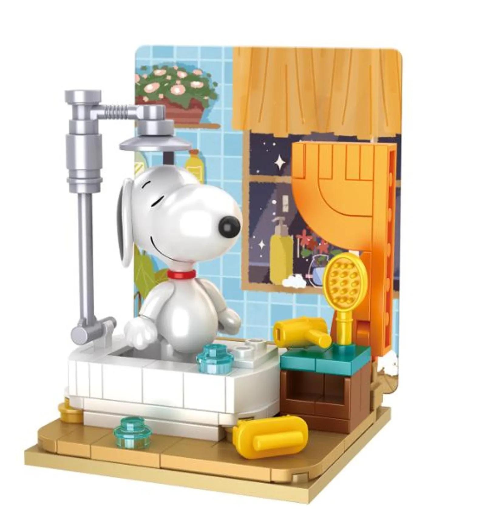 A toy set depicting a white dog sitting in a bathtub, surrounded by various bathroom items such as a shower head, a hairdryer, and a toothbrush.
