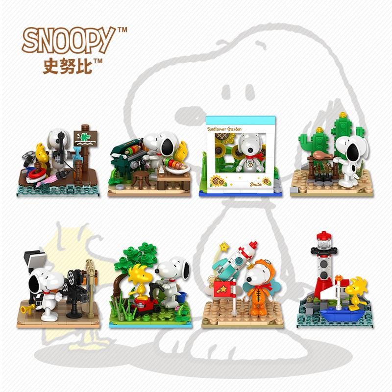 The image is a collage of various Peanuts-themed Lego sets, including characters like Snoopy, Woodstock, and their friends. The sets are arranged in a grid-like pattern, showcasing different scenes and elements from the Peanuts universe.