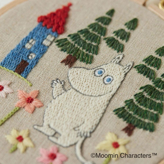 a close-up of a hand-stitched embroidered scene with a white character, trees, flowers, and a blue house.