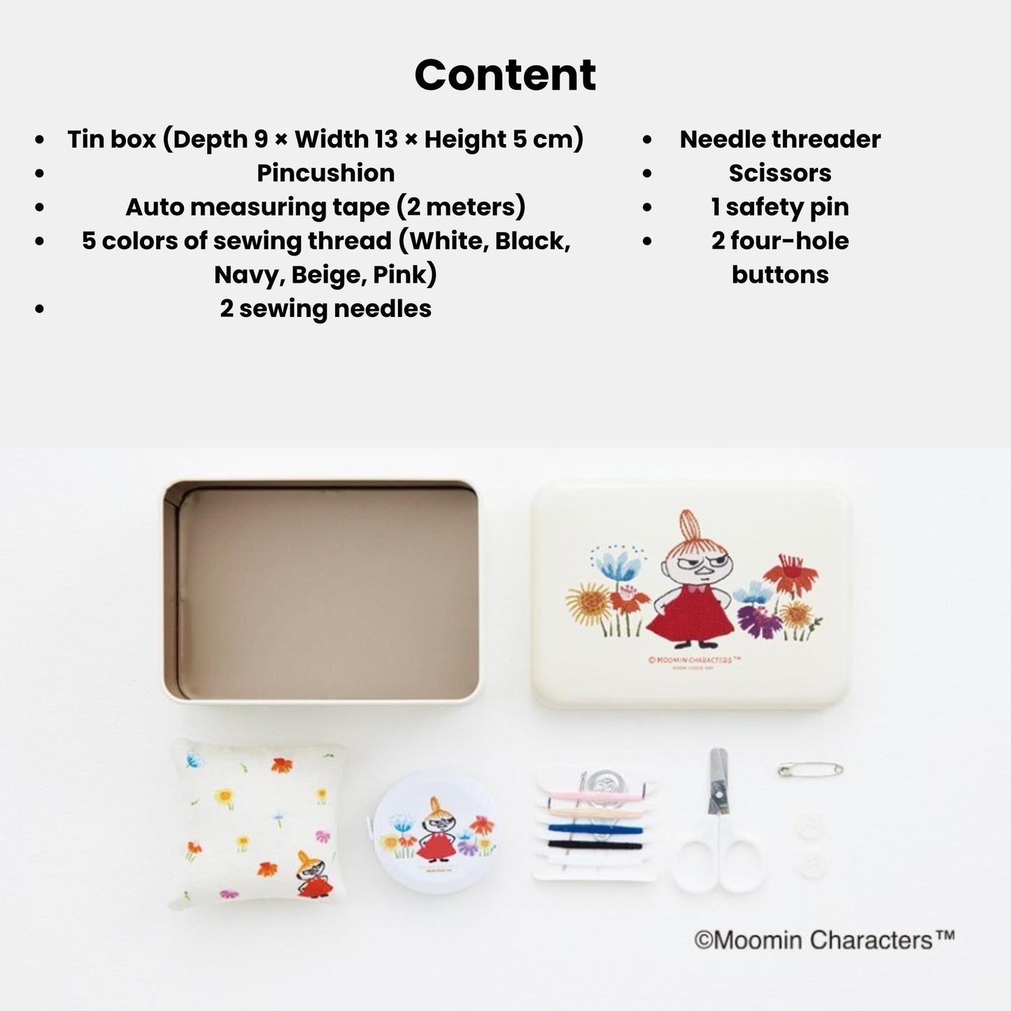 various sewing and crafting supplies, including a tin box, needle threader, scissors, a safety pin, and two sewing needles. The supplies are arranged on a white background, with the tin box and sewing needles placed next to each other.