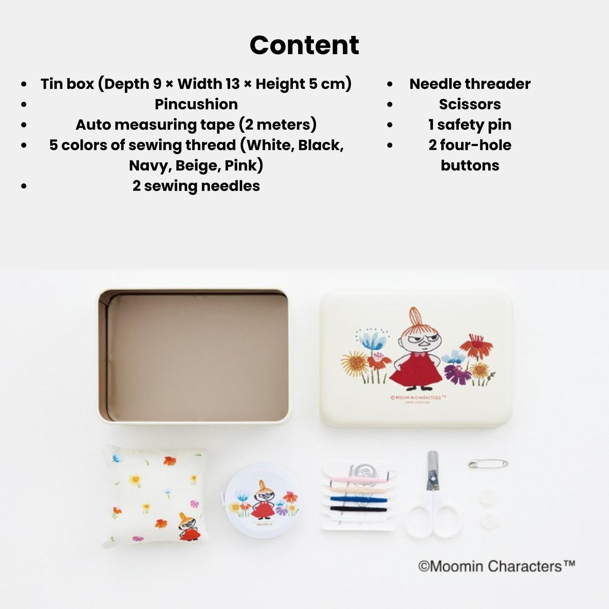 various sewing and crafting supplies, including a tin box, needle threader, scissors, a safety pin, and two sewing needles. The supplies are arranged on a white background, with the tin box and sewing needles placed next to each other.