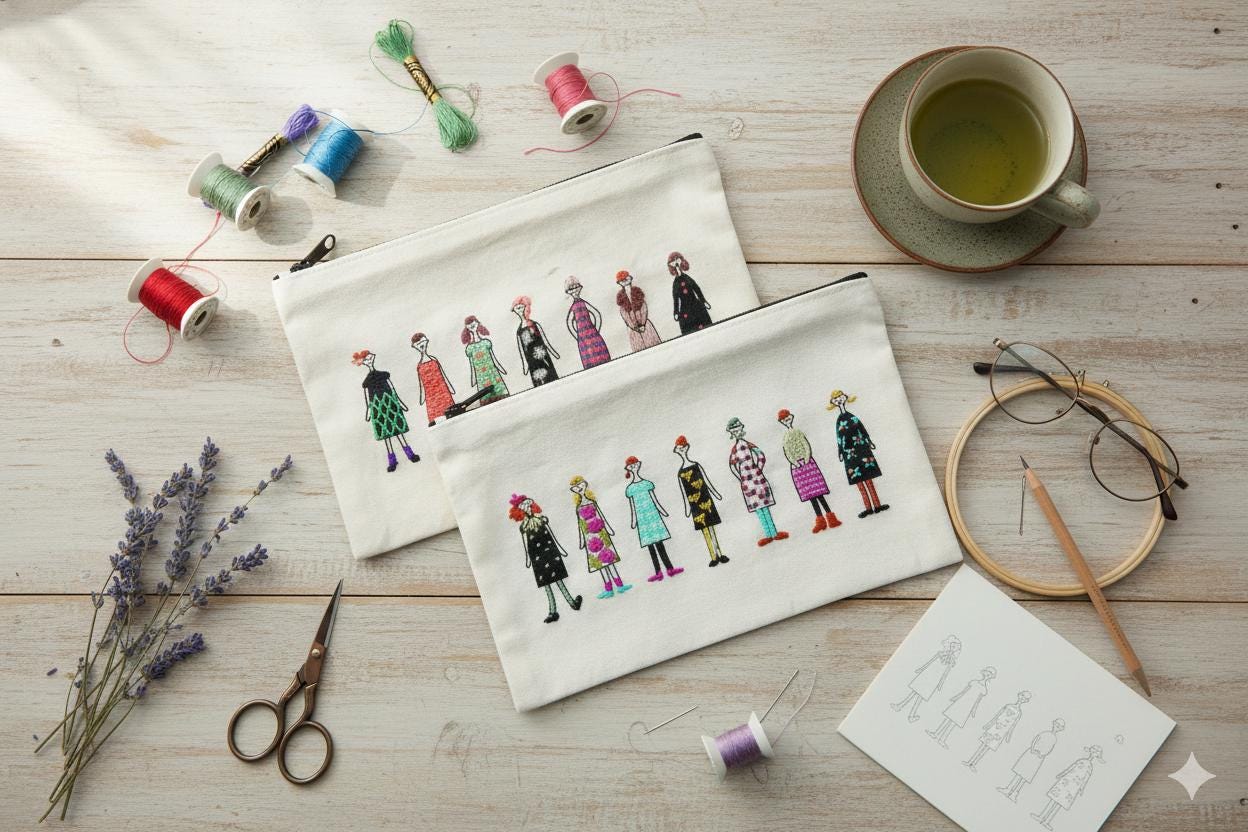 a variety of craft supplies and items, including two white canvas bags with illustrations of people, a cup of tea, a pair of glasses, a pair of scissors, and some thread and spools of thread.